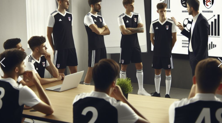 Copilot generated: image of a football team listening to their coach.  They should be wearing the same colours as Fulham FC, but they should be in a meeting room and their goal should be creating a digital advertising campaign