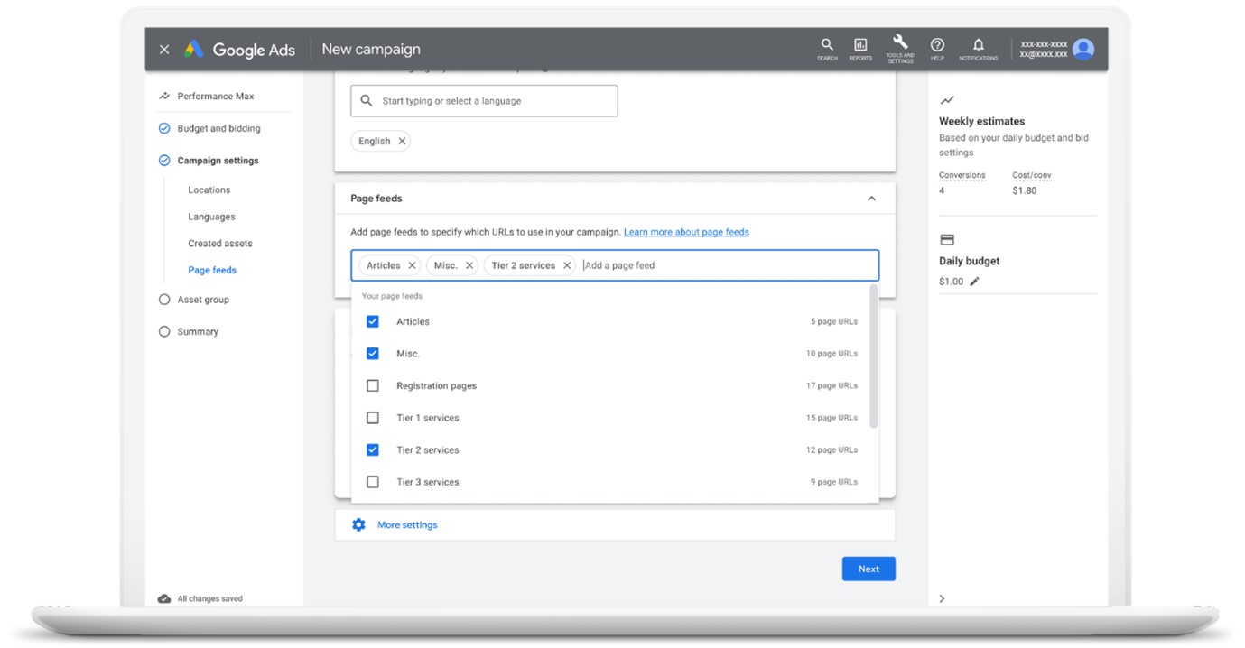 Google Ads example screenshot of Page Feeds settings