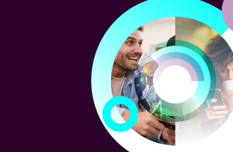 The image is of a purple background with three flat, hollow circles on the right hand side. One is lighter purple, one is bright blue, and the largest of the three has an image of a man smiling within it.