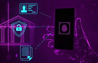 The image shows a mobile phone held in the hand of a user. On the screen is a fingerprint, and images of identification, security, and law are display around it. The colour scheme is purple and light blue and the theme is of a futuristic style.
