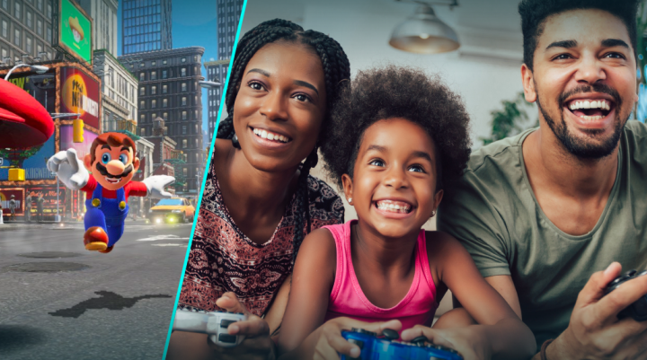 A family of three plays Mario