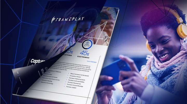 Key images from Frameplay's Report, Capture the Attention of Holiday Shoppers Through Gaming, including a woman gaming on a smart device and the report. 