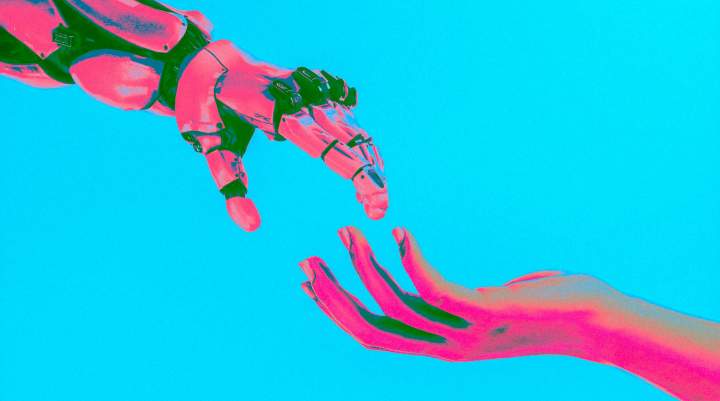 Robot hand and human hand touching