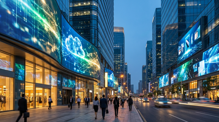a modern commercial urban scene showing digital screens