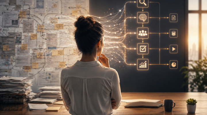Professional reviewing the shift from complex legacy workflows to streamlined AI-enabled operations in a modern workplace.