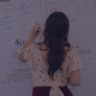 Woman writing equations on dry-erase board