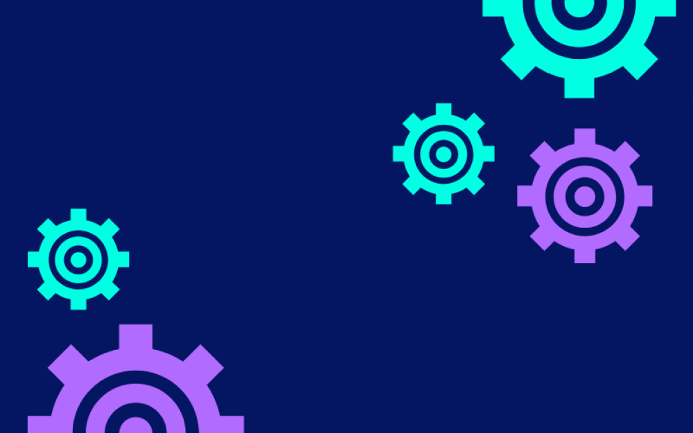 Teal and purple gears on a background of navy