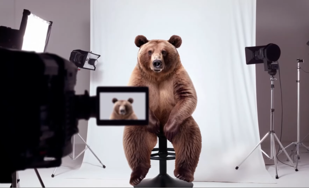 Joy the Bear sitting in interview chair