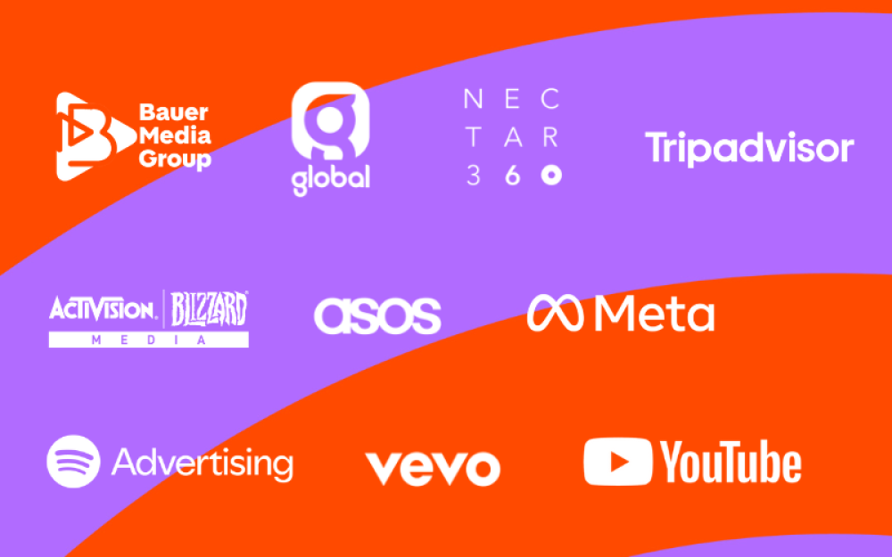 Bauer Media, Global, Nectar360, Tripadvisor, Activision Blizzard Media, ASOS, Meta, Spotify, Vevo and YouTube logos 
